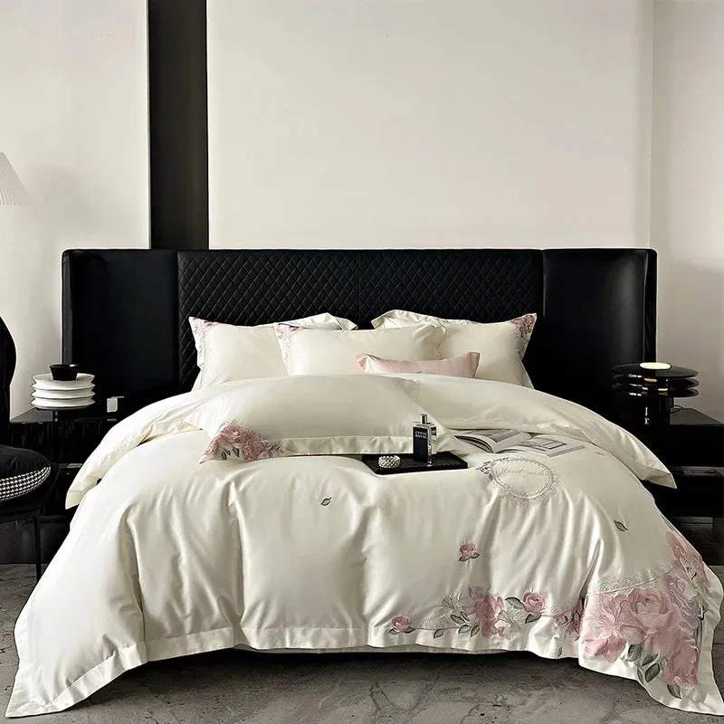 Flytonn-Elegant French Flowers Embroidery, 1000TC Egyptian Cotton, Luxury Bedding Set, Queen, King Size, Duvet Cover, Bed Sh