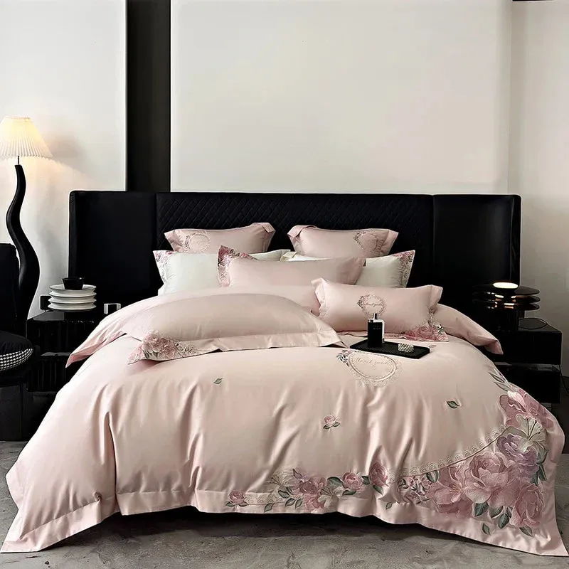 Flytonn-Elegant French Flowers Embroidery, 1000TC Egyptian Cotton, Luxury Bedding Set, Queen, King Size, Duvet Cover, Bed Sh