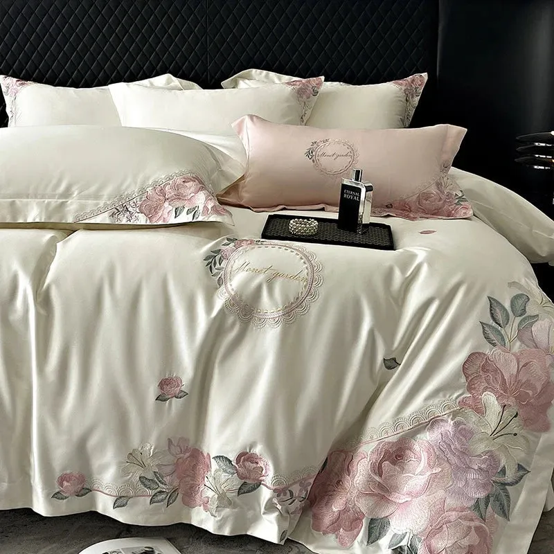 Flytonn-Elegant French Flowers Embroidery, 1000TC Egyptian Cotton, Luxury Bedding Set, Queen, King Size, Duvet Cover, Bed Sh