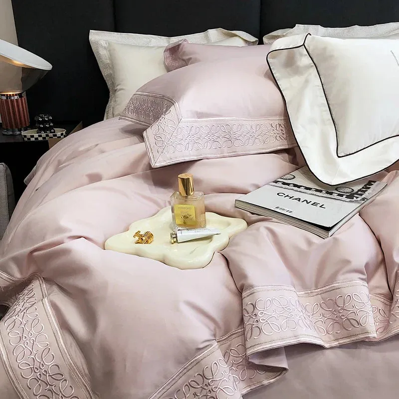 Flytonn-Luxury Embroidery Soft Bedding Set 100S Egyptian Cotton Duvet Cover Set Bed Sheet Pillowcase Bed set King Queen Size Hotel Style