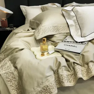 Flytonn-Luxury Embroidery Soft Bedding Set 100S Egyptian Cotton Duvet Cover Set Bed Sheet Pillowcase Bed set King Queen Size Hotel Style