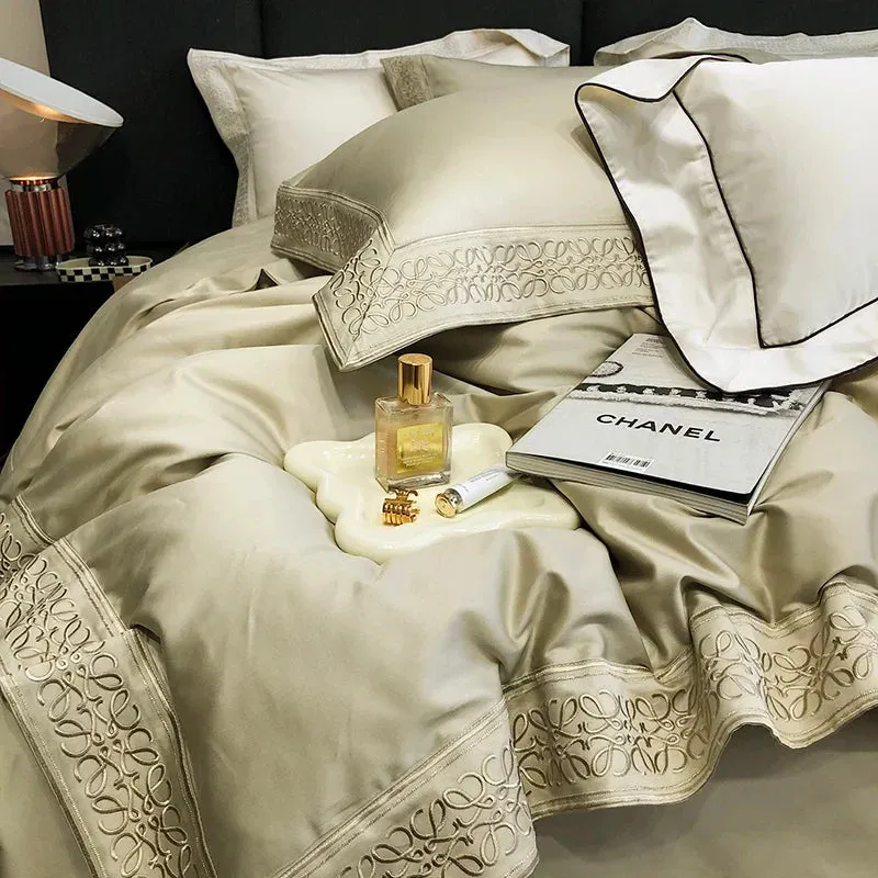 Flytonn-Luxury Embroidery Soft Bedding Set 100S Egyptian Cotton Duvet Cover Set Bed Sheet Pillowcase Bed set King Queen Size Hotel Style