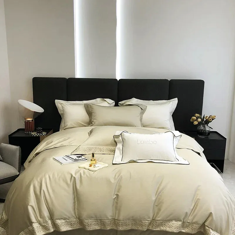 Flytonn-Luxury Embroidery Soft Bedding Set 100S Egyptian Cotton Duvet Cover Set Bed Sheet Pillowcase Bed set King Queen Size Hotel Style