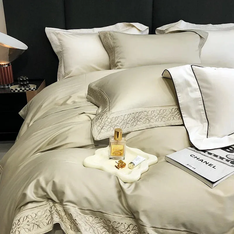 Flytonn-Luxury Embroidery Soft Bedding Set 100S Egyptian Cotton Duvet Cover Set Bed Sheet Pillowcase Bed set King Queen Size Hotel Style