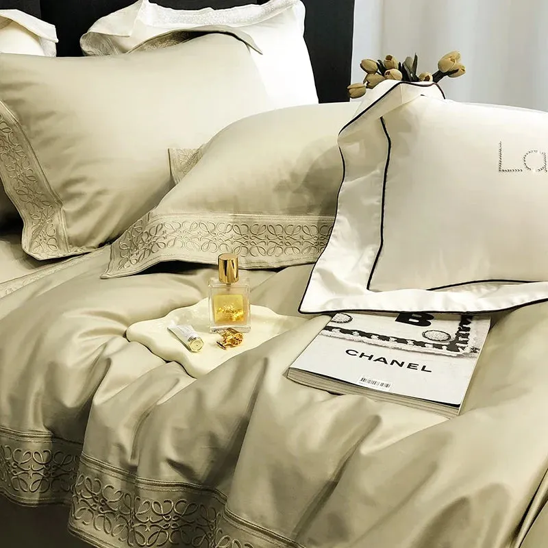 Flytonn-Luxury Embroidery Soft Bedding Set 100S Egyptian Cotton Duvet Cover Set Bed Sheet Pillowcase Bed set King Queen Size Hotel Style