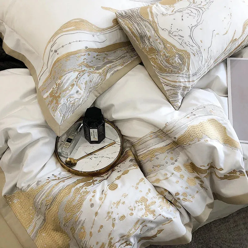 Flytonn-Modern Art Gold Embroidery 100S Egyptian Long-staple Cotton Luxury Bedding Set Quilt Cover Bed Linen Pillow Shams Bedclothes