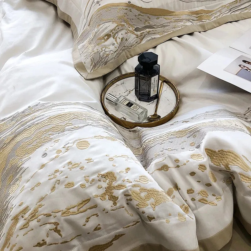 Flytonn-Modern Art Gold Embroidery 100S Egyptian Long-staple Cotton Luxury Bedding Set Quilt Cover Bed Linen Pillow Shams Bedclothes