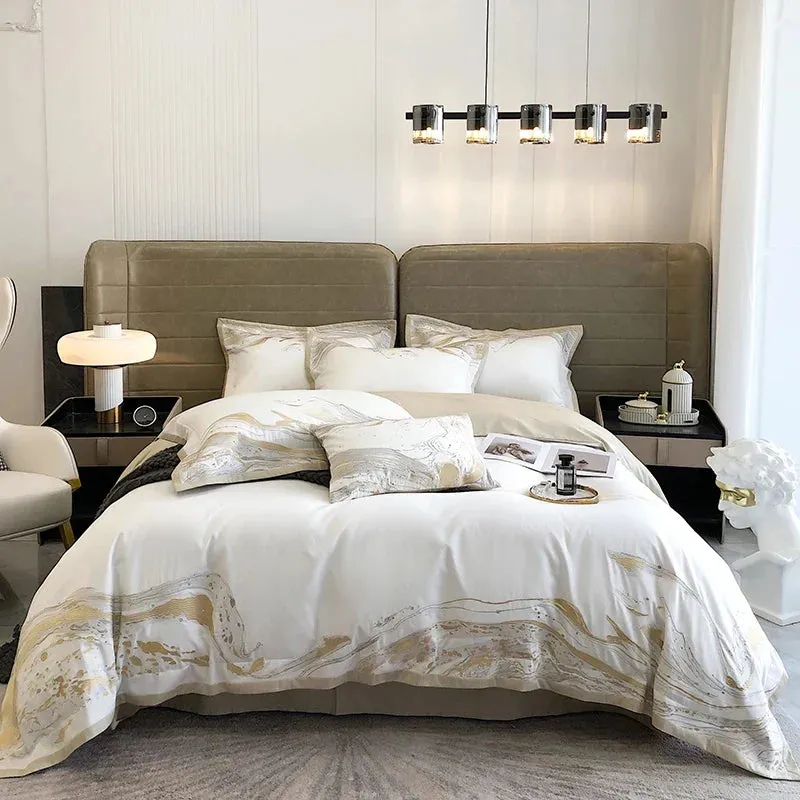 Flytonn-Modern Art Gold Embroidery 100S Egyptian Long-staple Cotton Luxury Bedding Set Quilt Cover Bed Linen Pillow Shams Bedclothes