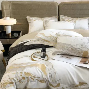 Flytonn-Modern Art Gold Embroidery 100S Egyptian Long-staple Cotton Luxury Bedding Set Quilt Cover Bed Linen Pillow Shams Bedclothes