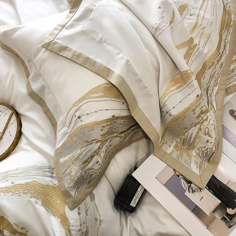 Flytonn-Modern Art Gold Embroidery 100S Egyptian Long-staple Cotton Luxury Bedding Set Quilt Cover Bed Linen Pillow Shams Bedclothes