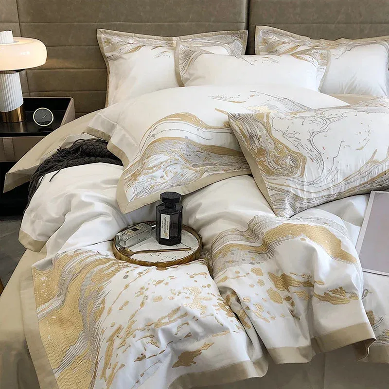 Flytonn-Modern Art Gold Embroidery 100S Egyptian Long-staple Cotton Luxury Bedding Set Quilt Cover Bed Linen Pillow Shams Bedclothes