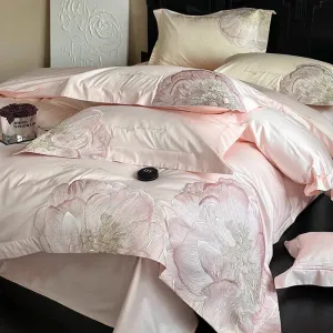Flytonn-Pink Blue Champagne Flowers Embroidery Luxury Bedding Set 1000TC Egyptian Cotton Duvet Cover Flat/Fitted Bed Sheet Pillowcases