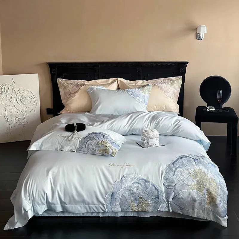 Flytonn-Pink Blue Champagne Flowers Embroidery Luxury Bedding Set 1000TC Egyptian Cotton Duvet Cover Flat/Fitted Bed Sheet Pillowcases