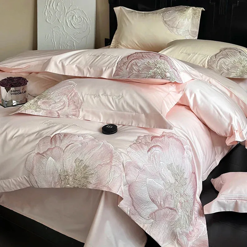 Flytonn-Pink Blue Champagne Flowers Embroidery Luxury Bedding Set 1000TC Egyptian Cotton Duvet Cover Flat/Fitted Bed Sheet Pillowcases