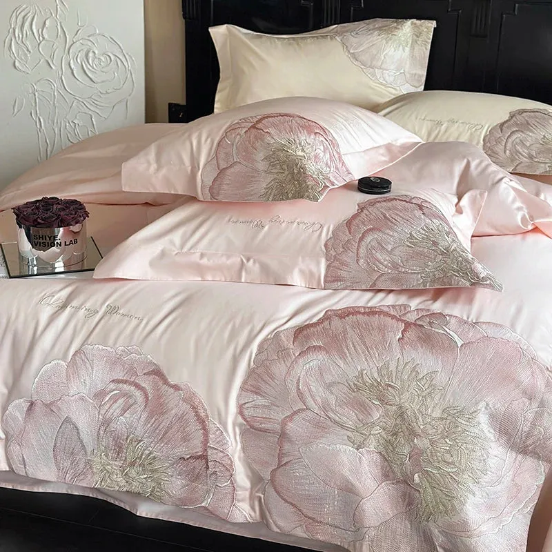 Flytonn-Pink Blue Champagne Flowers Embroidery Luxury Bedding Set 1000TC Egyptian Cotton Duvet Cover Flat/Fitted Bed Sheet Pillowcases