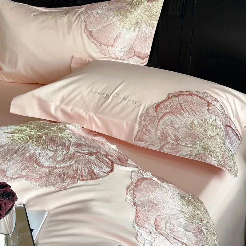 Flytonn-Pink Blue Champagne Flowers Embroidery Luxury Bedding Set 1000TC Egyptian Cotton Duvet Cover Flat/Fitted Bed Sheet Pillowcases