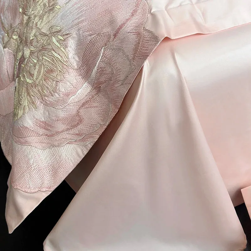 Flytonn-Pink Blue Champagne Flowers Embroidery Luxury Bedding Set 1000TC Egyptian Cotton Duvet Cover Flat/Fitted Bed Sheet Pillowcases
