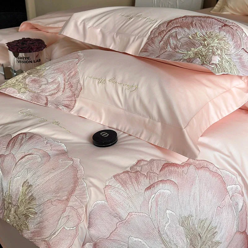 Flytonn-Pink Blue Champagne Flowers Embroidery Luxury Bedding Set 1000TC Egyptian Cotton Duvet Cover Flat/Fitted Bed Sheet Pillowcases