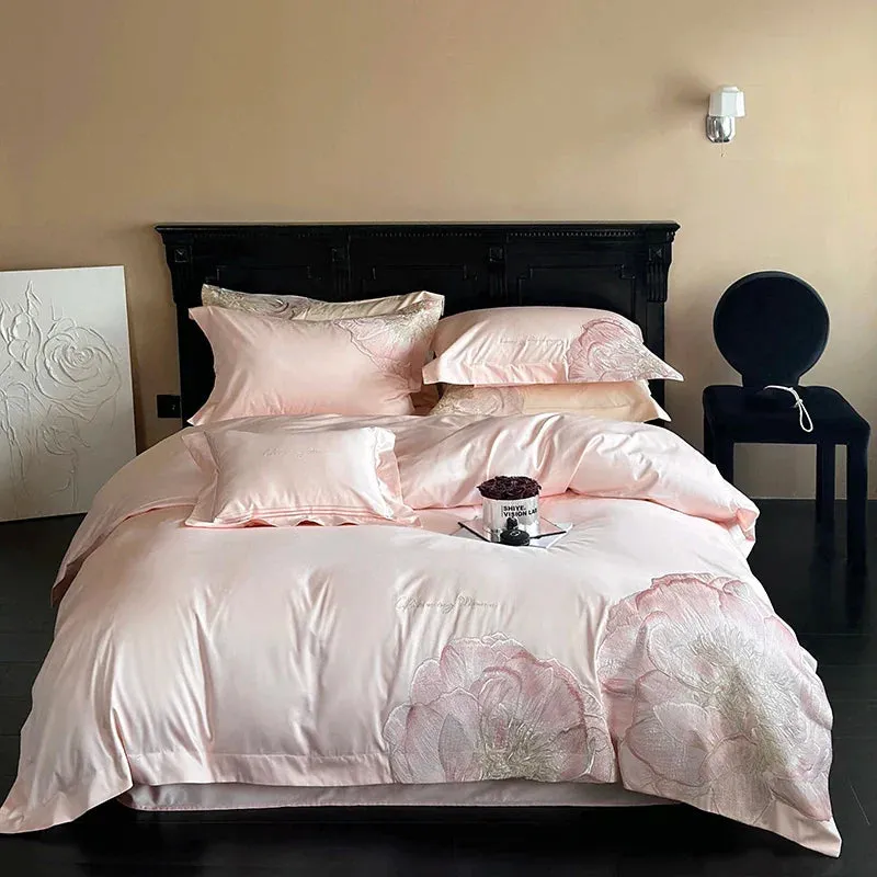 Flytonn-Pink Blue Champagne Flowers Embroidery Luxury Bedding Set 1000TC Egyptian Cotton Duvet Cover Flat/Fitted Bed Sheet Pillowcases