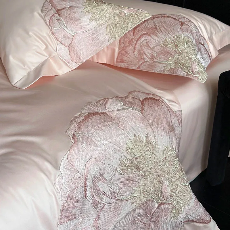 Flytonn-Pink Blue Champagne Flowers Embroidery Luxury Bedding Set 1000TC Egyptian Cotton Duvet Cover Flat/Fitted Bed Sheet Pillowcases