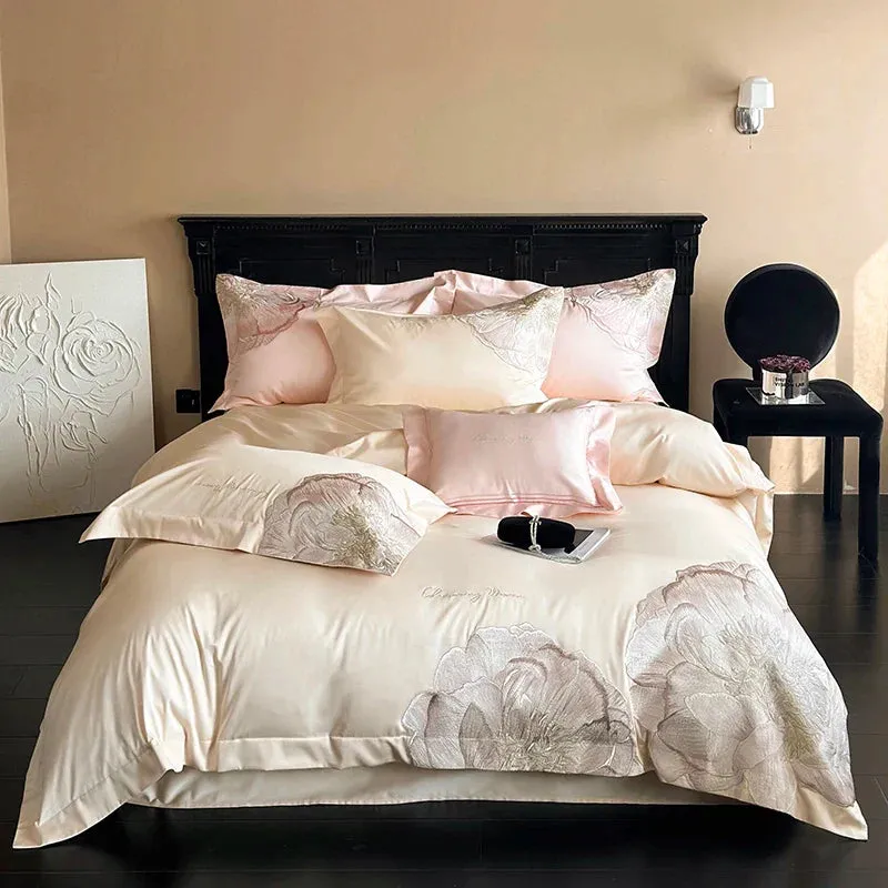 Flytonn-Pink Blue Champagne Flowers Embroidery Luxury Bedding Set 1000TC Egyptian Cotton Duvet Cover Flat/Fitted Bed Sheet Pillowcases