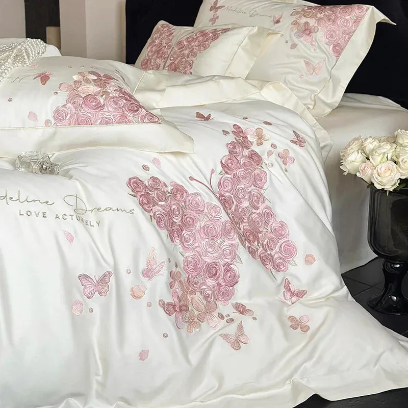 Flytonn-Rose Butterfly Embroidery Bedding Set Home Textile Cream White 1000TC Egyptian Cotton Princess Quilt Cover Bed Sheet Pillowcases