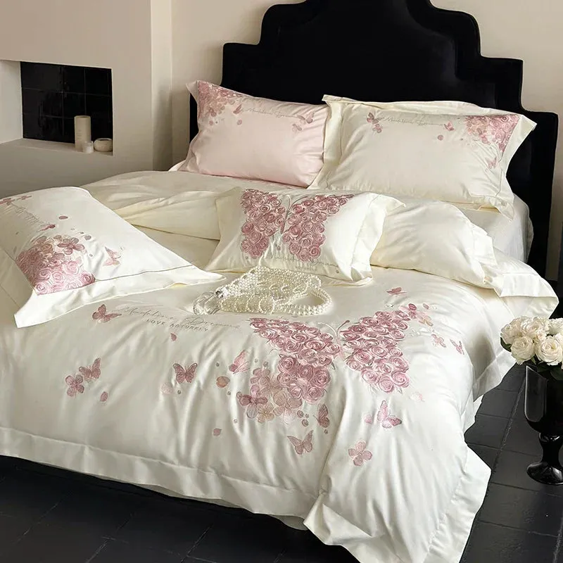 Flytonn-Rose Butterfly Embroidery Bedding Set Home Textile Cream White 1000TC Egyptian Cotton Princess Quilt Cover Bed Sheet Pillowcases
