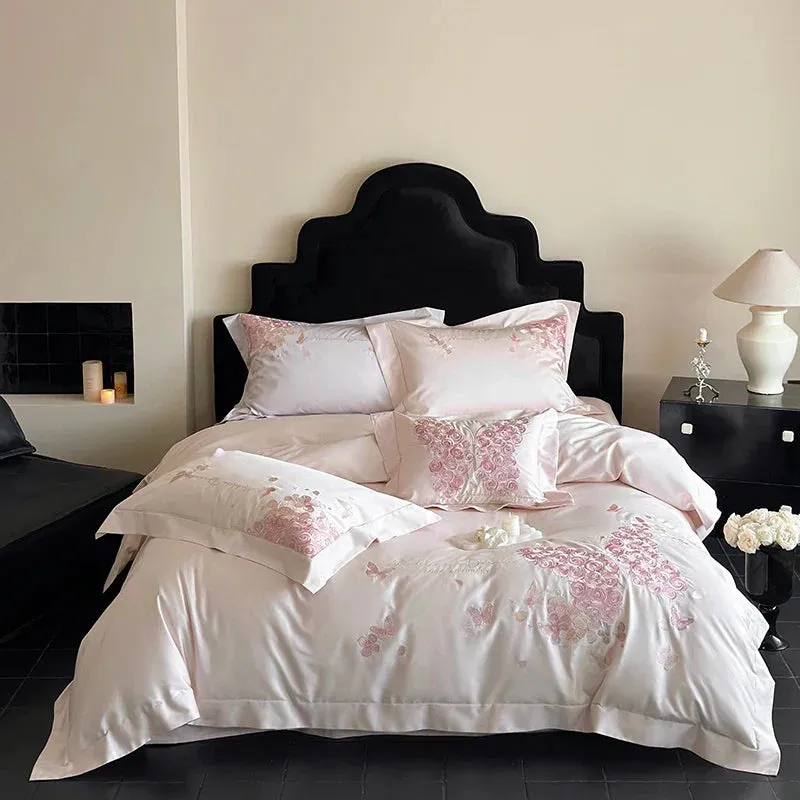 Flytonn-Rose Butterfly Embroidery Bedding Set Home Textile Cream White 1000TC Egyptian Cotton Princess Quilt Cover Bed Sheet Pillowcases