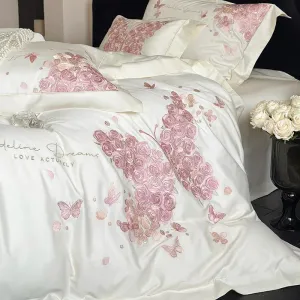 Flytonn-Rose Butterfly Embroidery Bedding Set Home Textile Cream White 1000TC Egyptian Cotton Princess Quilt Cover Bed Sheet Pillowcases
