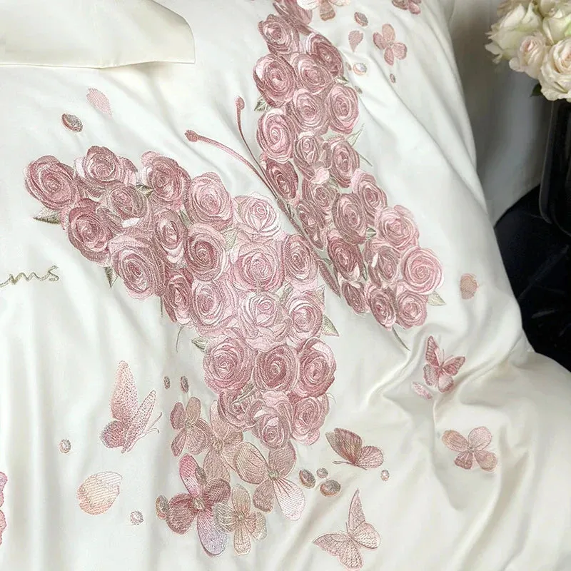 Flytonn-Rose Butterfly Embroidery Bedding Set Home Textile Cream White 1000TC Egyptian Cotton Princess Quilt Cover Bed Sheet Pillowcases