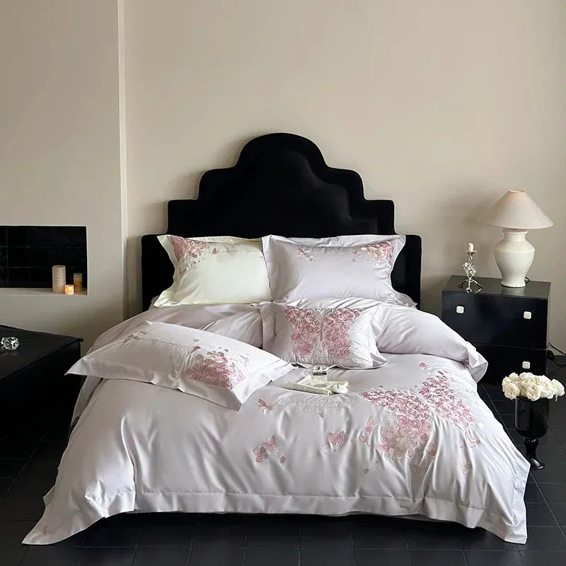 Flytonn-Rose Butterfly Embroidery Bedding Set Home Textile Cream White 1000TC Egyptian Cotton Princess Quilt Cover Bed Sheet Pillowcases