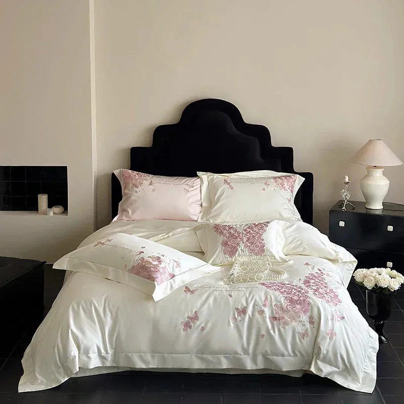 Flytonn-Rose Butterfly Embroidery Bedding Set Home Textile Cream White 1000TC Egyptian Cotton Princess Quilt Cover Bed Sheet Pillowcases