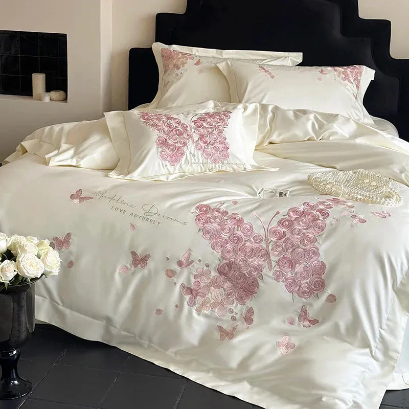 Flytonn-Rose Butterfly Embroidery Bedding Set Home Textile Cream White 1000TC Egyptian Cotton Princess Quilt Cover Bed Sheet Pillowcases