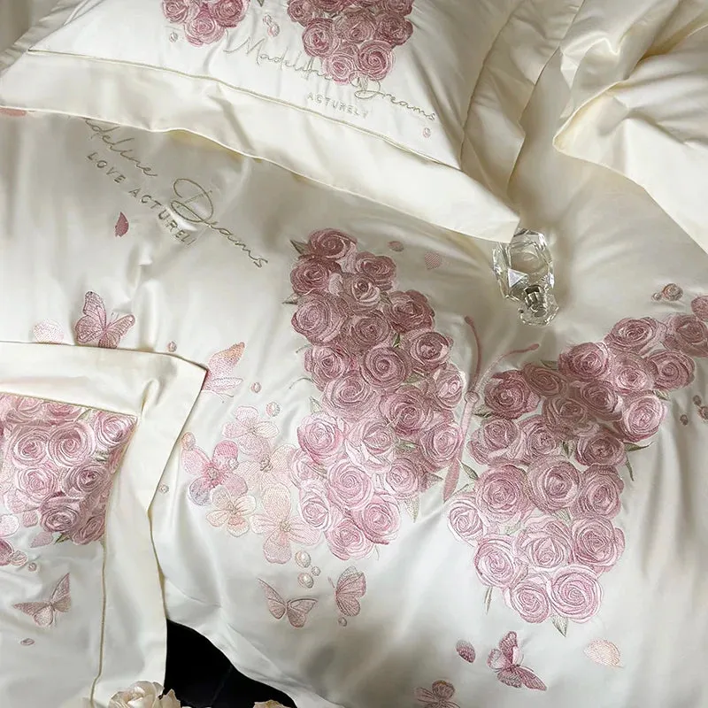Flytonn-Rose Butterfly Embroidery Bedding Set Home Textile Cream White 1000TC Egyptian Cotton Princess Quilt Cover Bed Sheet Pillowcases