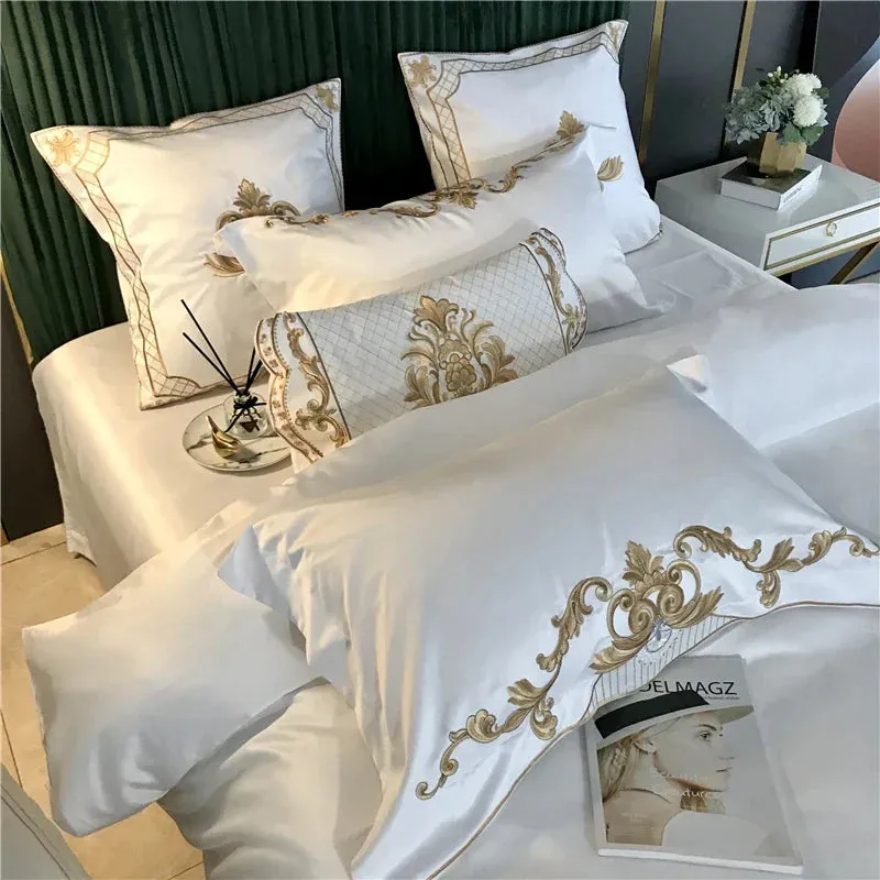 Flytonn-White Satin and Cotton Bedding Set, Duvet Cover, Bed Sheet, Fitted Sheet, Pillowcases, Luxury European Royal Gold Embroidery