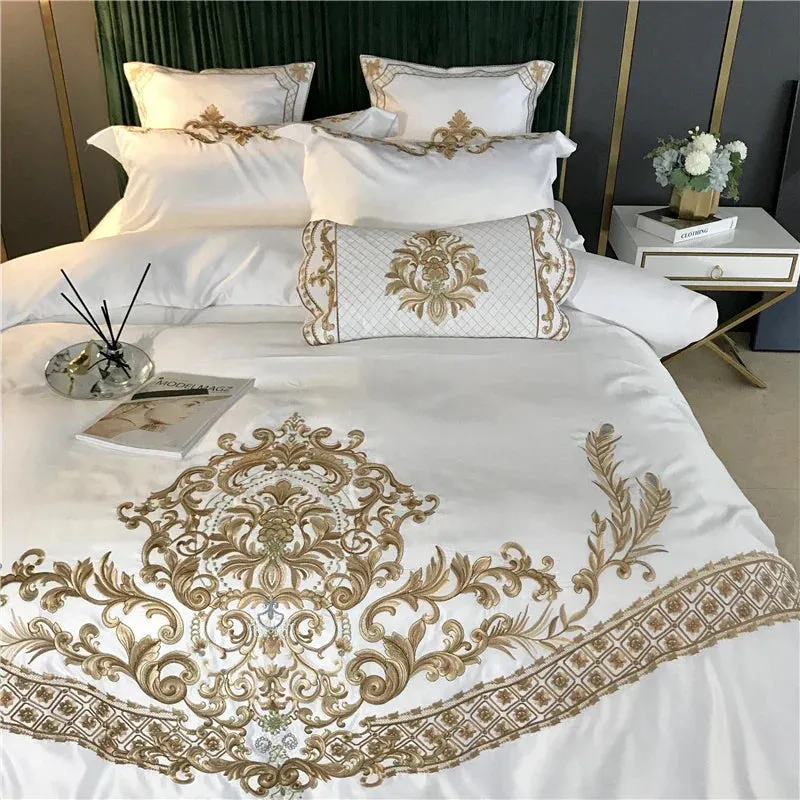 Flytonn-White Satin and Cotton Bedding Set, Duvet Cover, Bed Sheet, Fitted Sheet, Pillowcases, Luxury European Royal Gold Embroidery