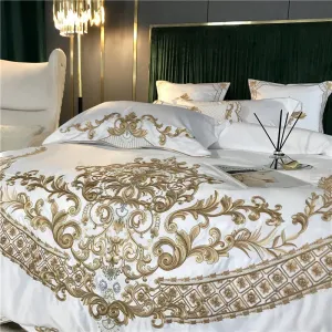 Flytonn-White Satin and Cotton Bedding Set, Duvet Cover, Bed Sheet, Fitted Sheet, Pillowcases, Luxury European Royal Gold Embroidery