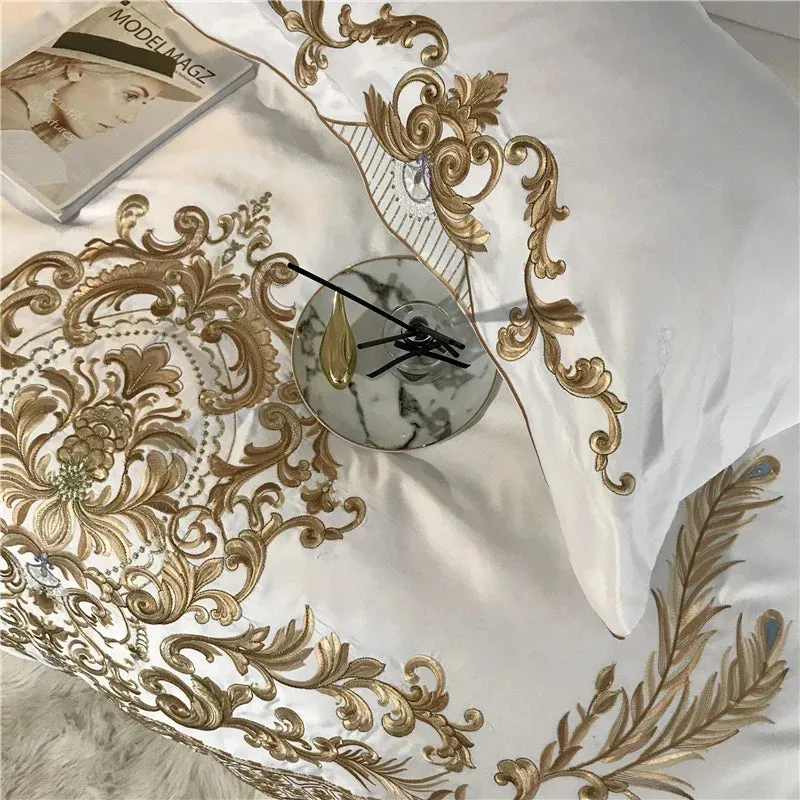 Flytonn-White Satin and Cotton Bedding Set, Duvet Cover, Bed Sheet, Fitted Sheet, Pillowcases, Luxury European Royal Gold Embroidery
