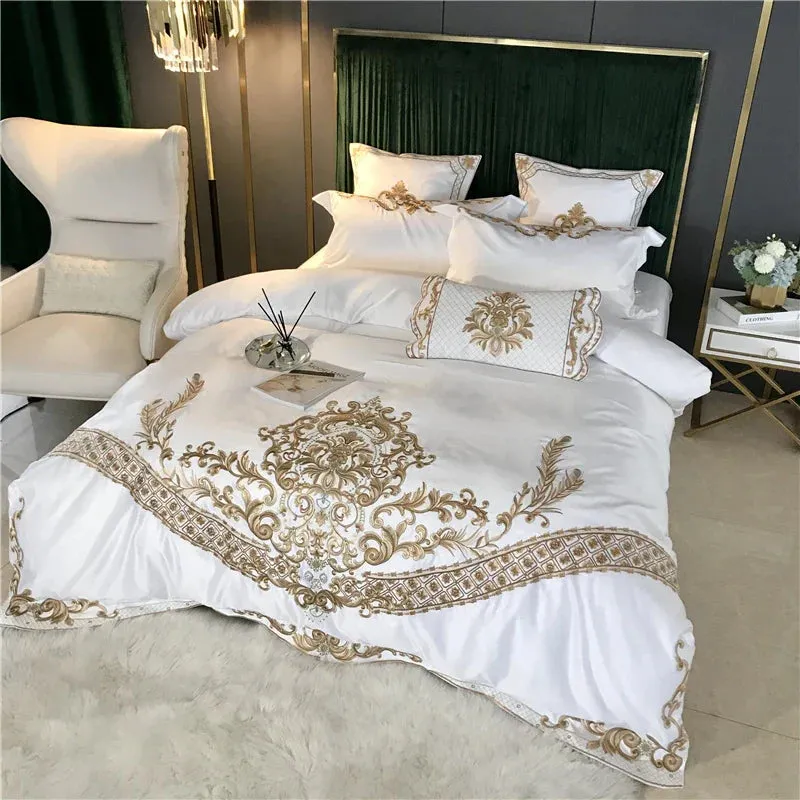 Flytonn-White Satin and Cotton Bedding Set, Duvet Cover, Bed Sheet, Fitted Sheet, Pillowcases, Luxury European Royal Gold Embroidery