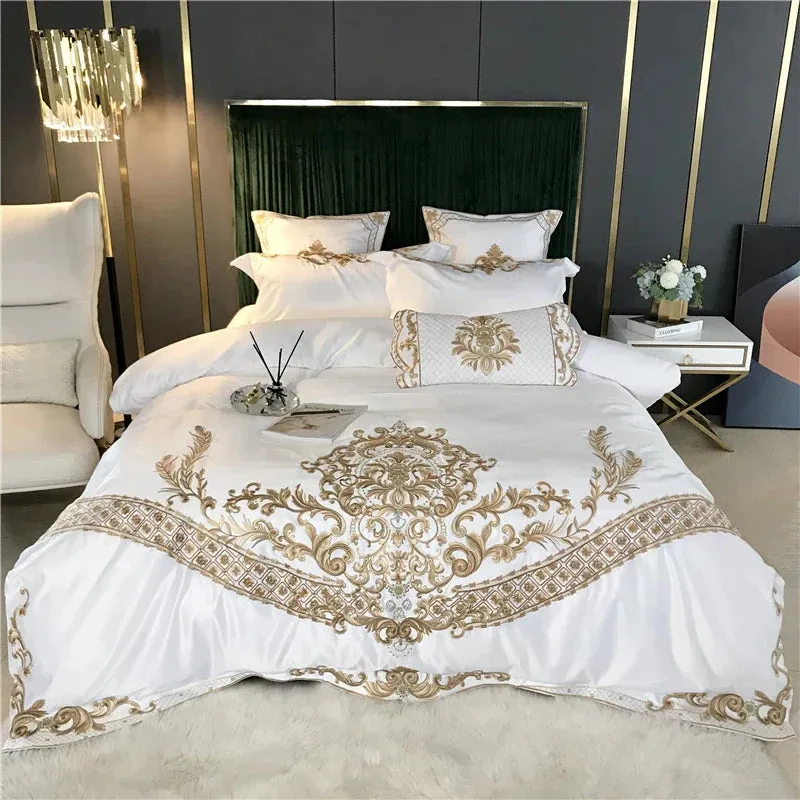 Flytonn-White Satin and Cotton Bedding Set, Duvet Cover, Bed Sheet, Fitted Sheet, Pillowcases, Luxury European Royal Gold Embroidery