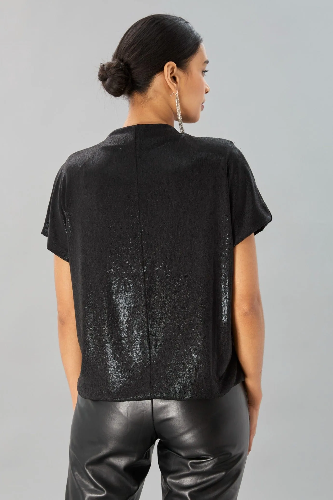 Foil Jersey Mock Neck Top