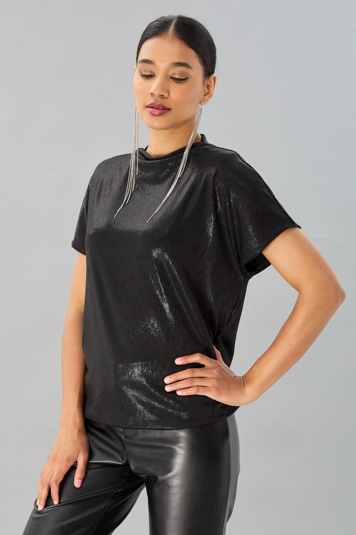 Foil Jersey Mock Neck Top