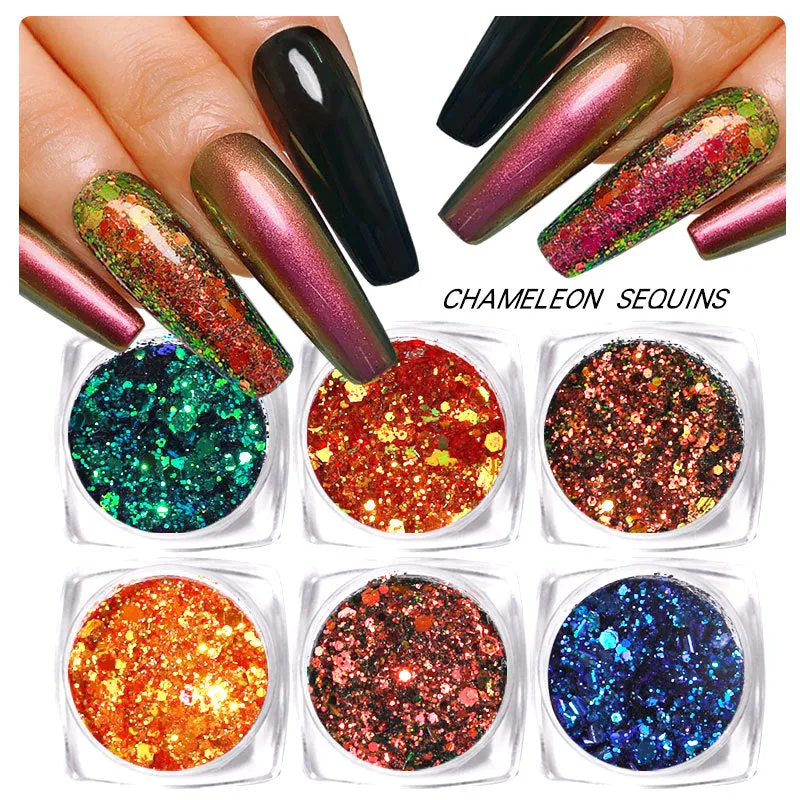 Glitter Laser Flakes Nail Art - Set 6pcs Jar