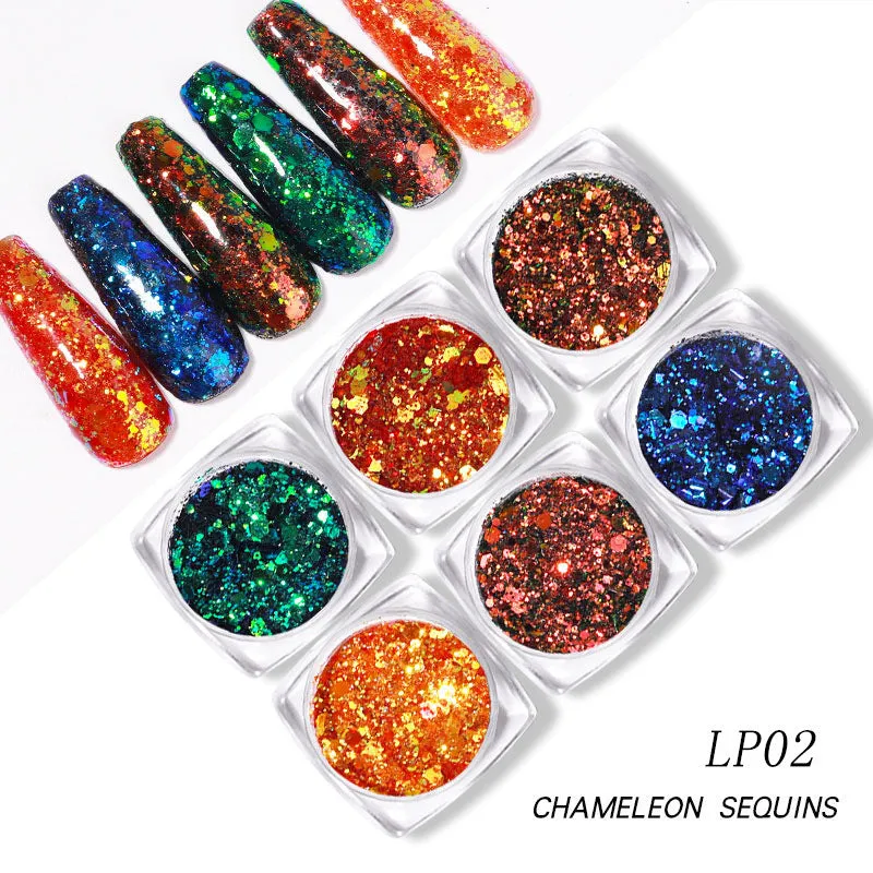 Glitter Laser Flakes Nail Art - Set 6pcs Jar
