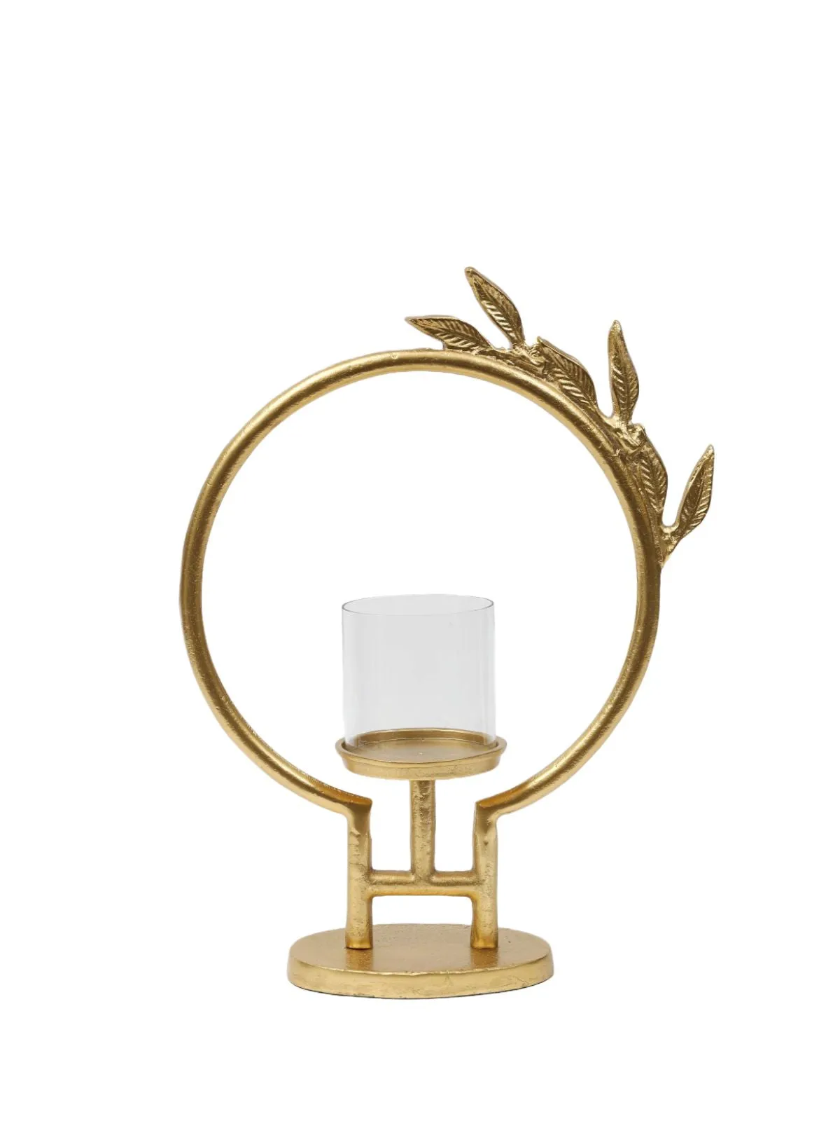 Gold Circle Hurricane Candle Holder with Leaf Design (2 Sizes)