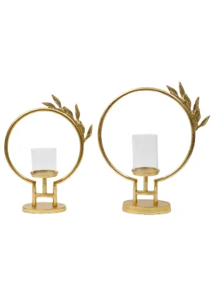 Gold Circle Hurricane Candle Holder with Leaf Design (2 Sizes)