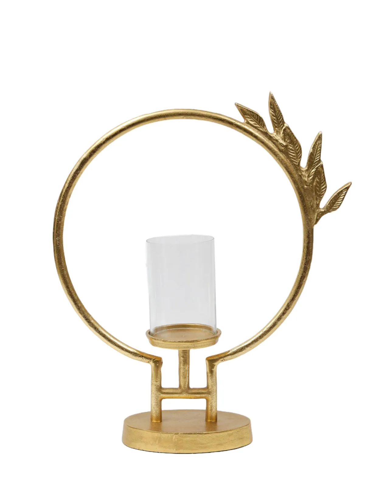Gold Circle Hurricane Candle Holder with Leaf Design (2 Sizes)