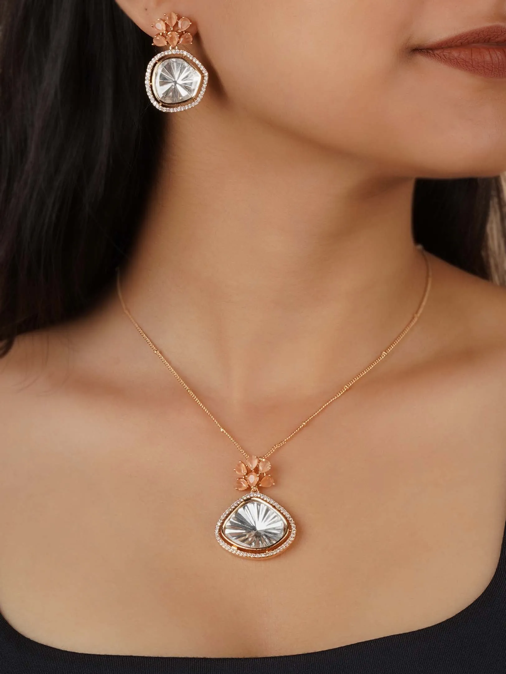 Gold Plated Faux Polki Necklace Set - PK-S257