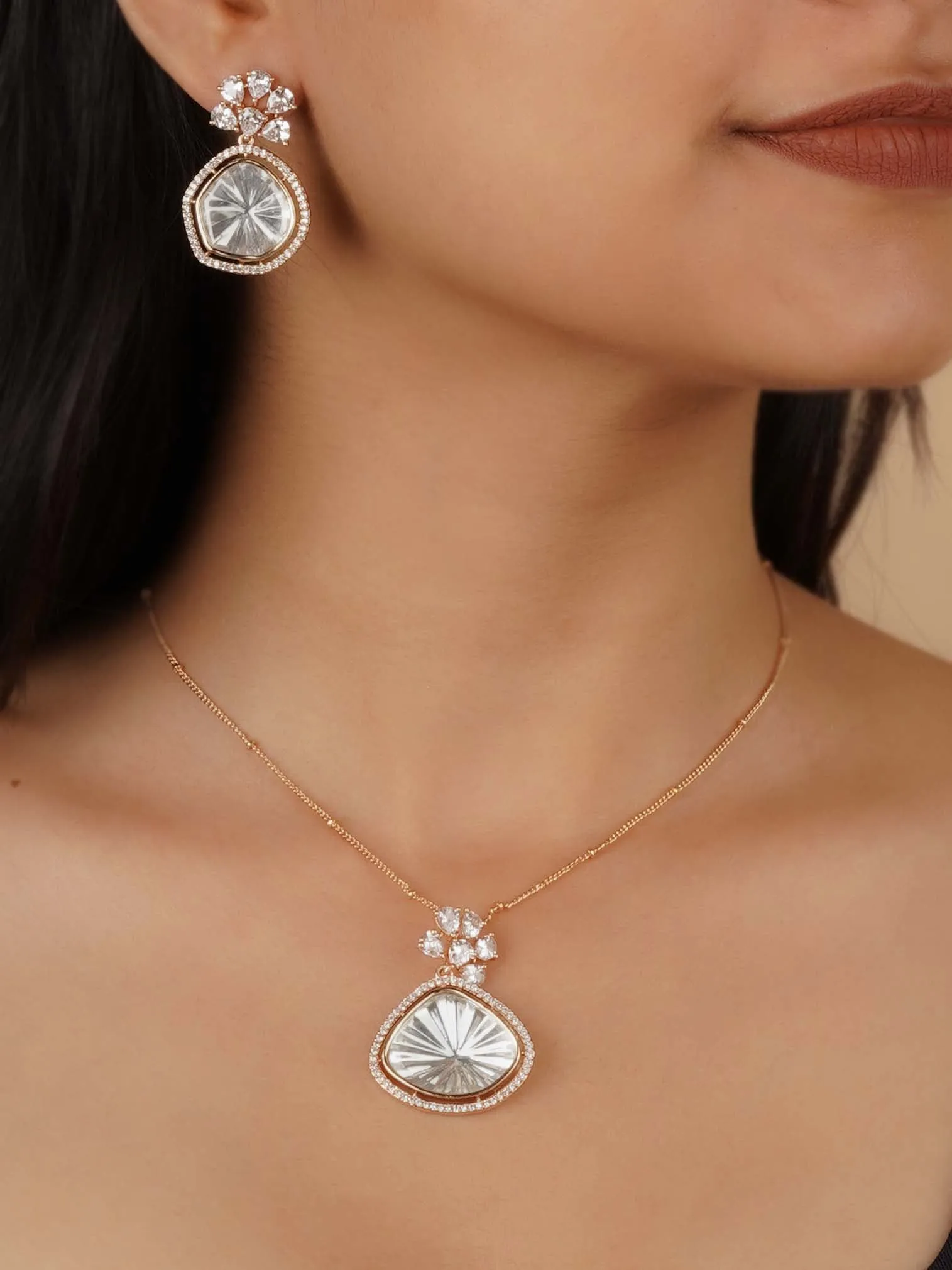 Gold Plated Faux Polki Necklace Set - PK-S257