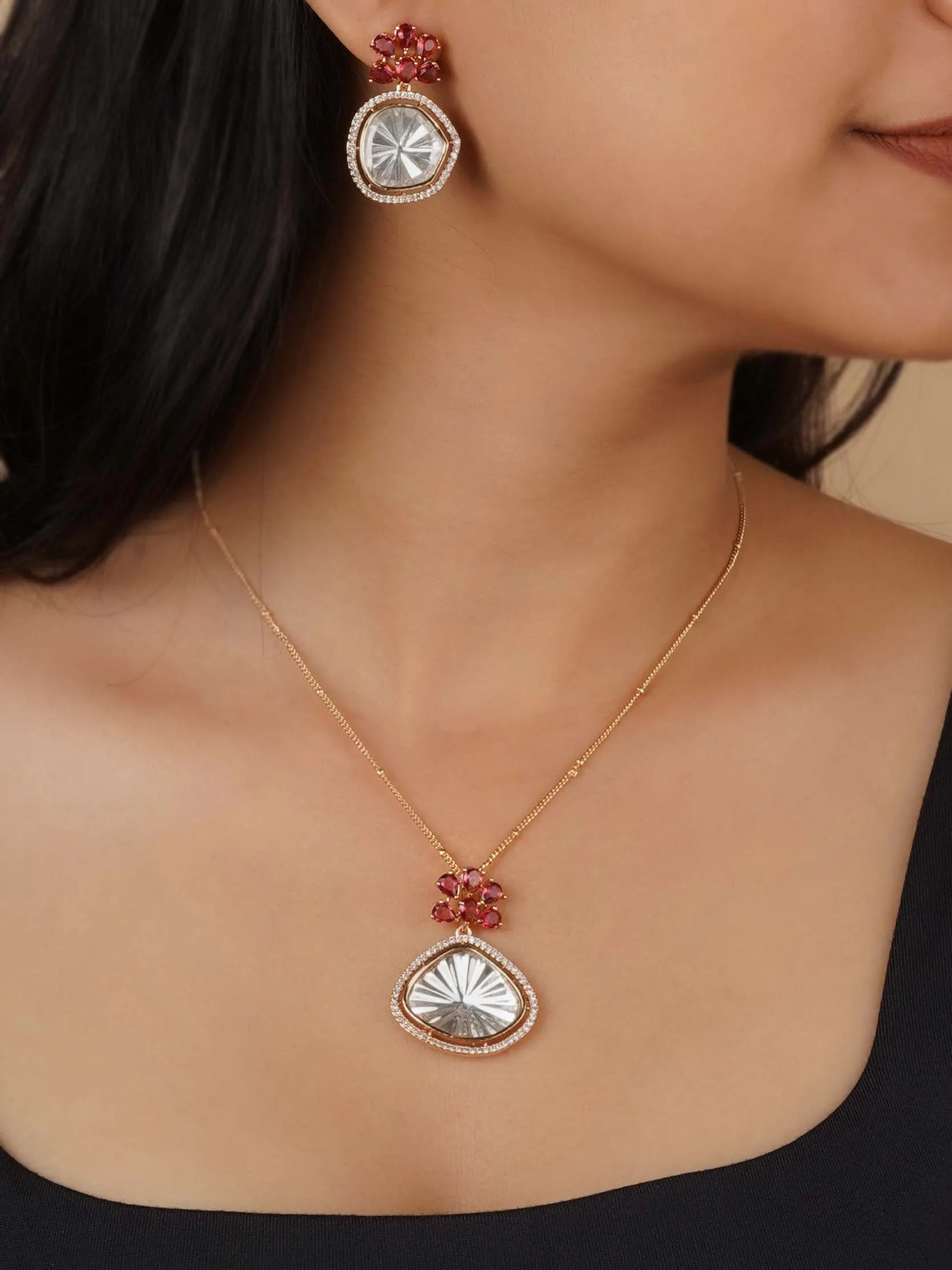 Gold Plated Faux Polki Necklace Set - PK-S257